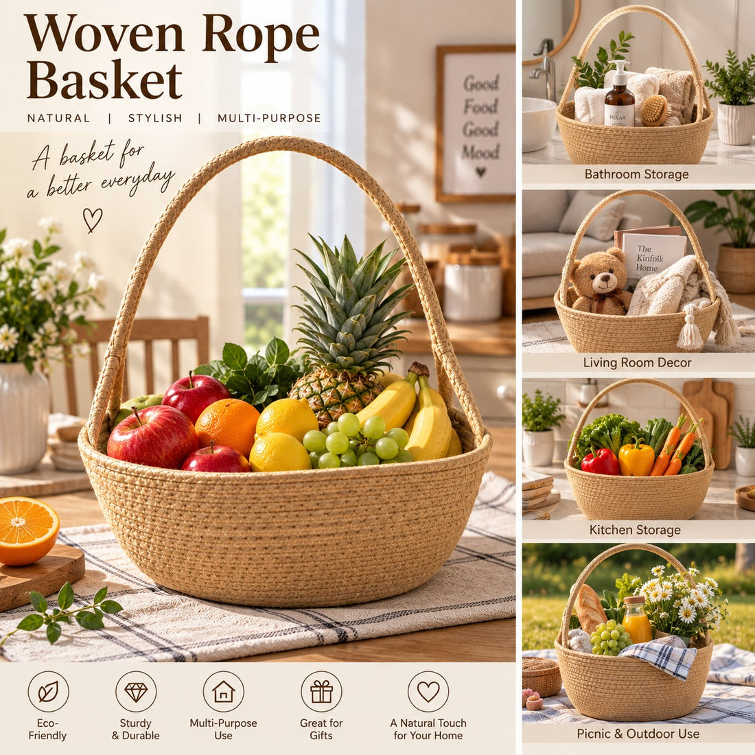 Woven Rope Basket with Long Handle for Home Storage & Organization