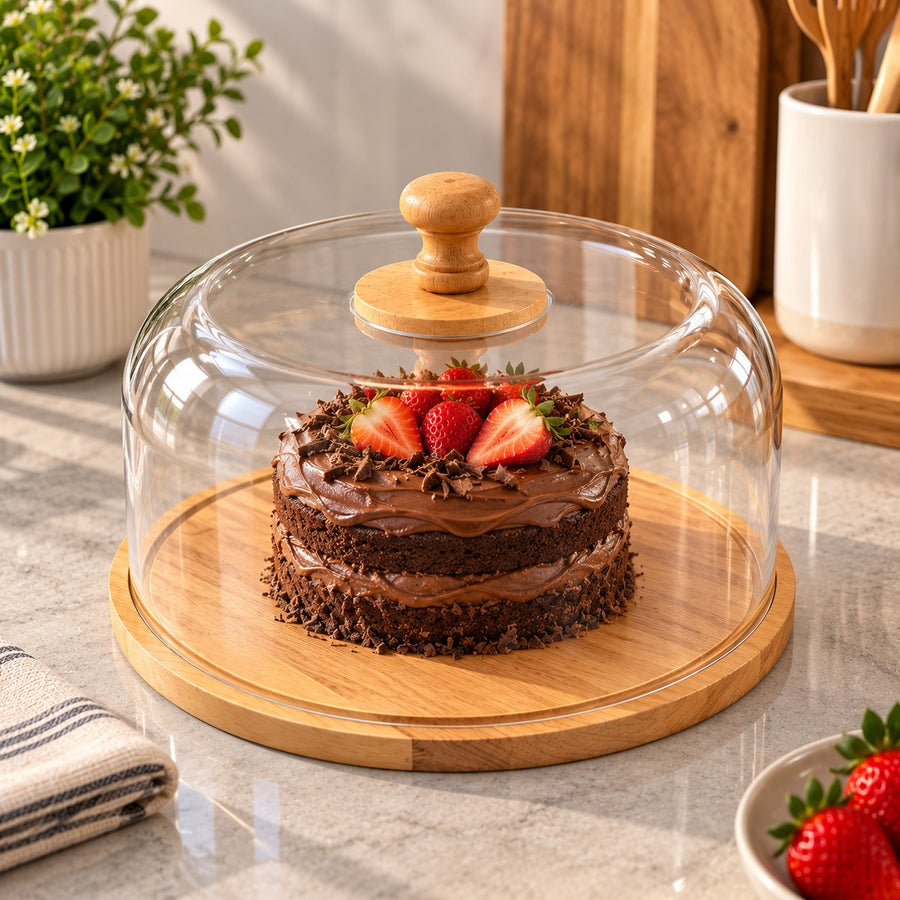 Round Cake & Cheese Serving Board with Clear Acrylic Dome and Rubber Wood Base 26 cm