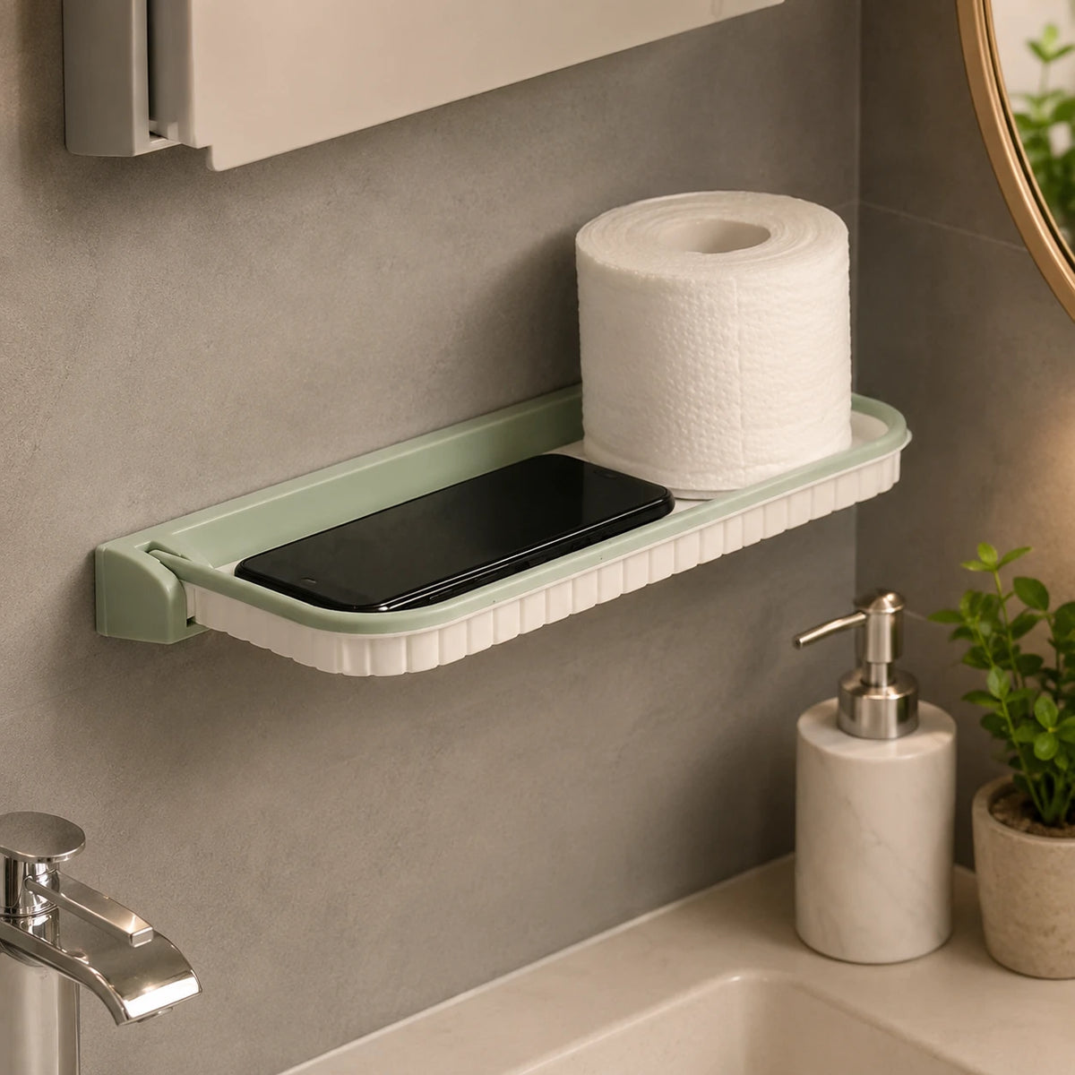 Wall Mounted Foldable Bathroom & Kitchen Storage Shelf with Hooks No Drill Organizer
