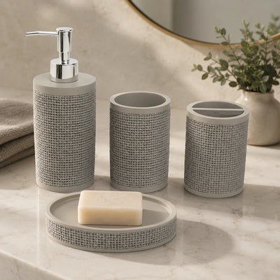 4 Piece Woven Texture Bathroom Accessories Set with Soap Dispenser, Toothbrush Holder, Tumbler & Soap Dish