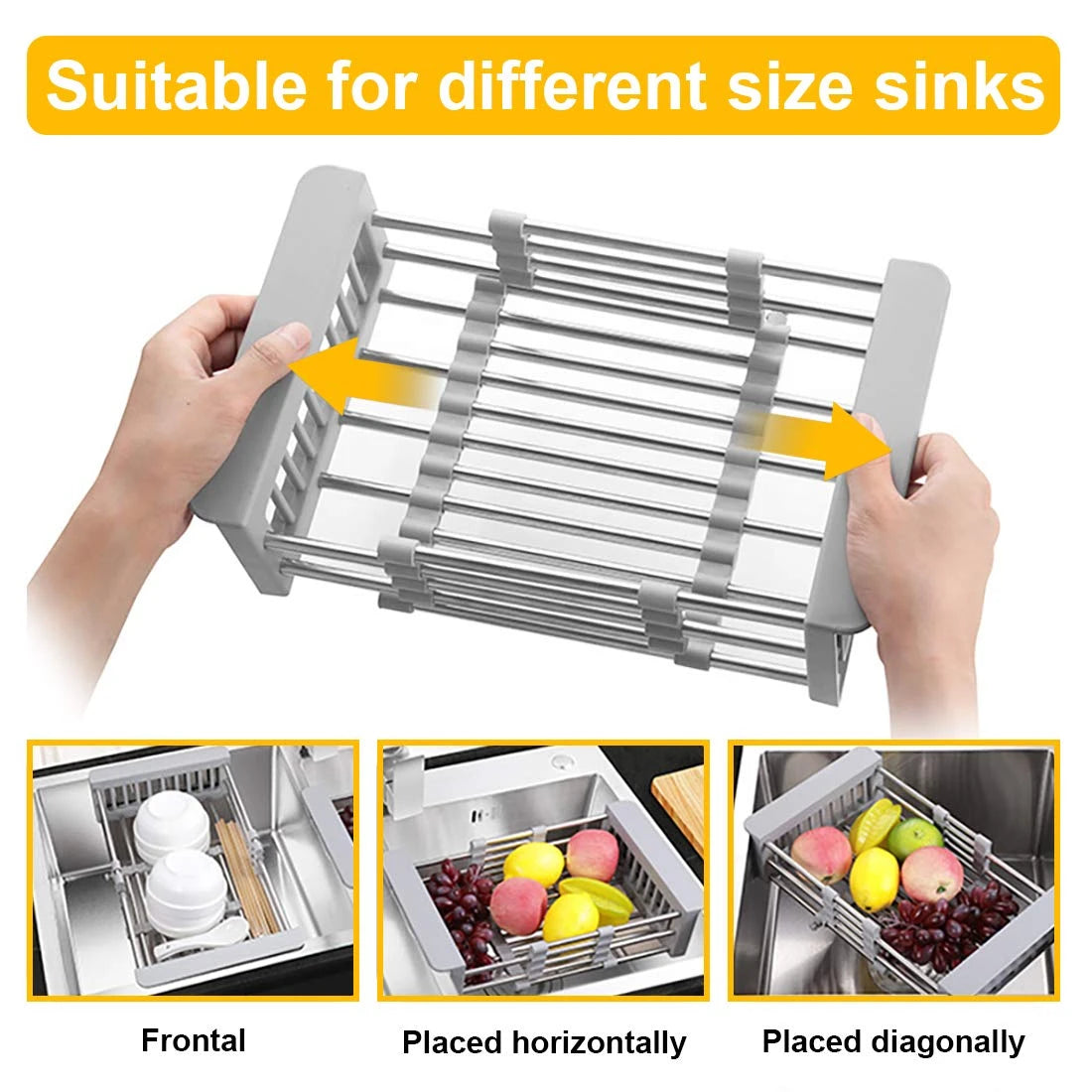 Adjustable Retractable Sink Dish Drying Rack Stainless Steel Kitchen Organizer Dish Drainer Fruit Vegetable Rinse Basket Over Sink Storage