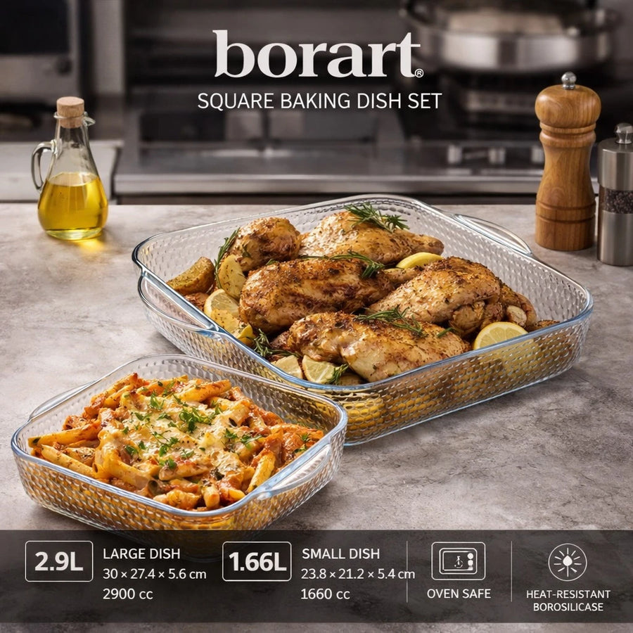 Borart Square Glass Baking Dish Set Borosilicate Oven Safe Baking Tray Roasting Dish Kitchen Oven Cookware Honeycomb Design 2 Pieces
