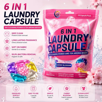 6 In 1 Laundry Capsules Cherry Blossom Detergent Pods 15 Capsule Pack Deep Clean Fresh Fragrance