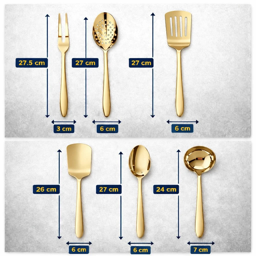 Gold Stainless Steel Kitchen Utensil Set Cooking Utensils Set Metal Cooking Tools Kitchen Serving Utensils Set of 6 Gold