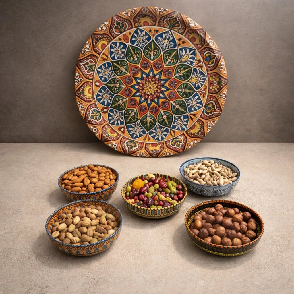 Turkish Serving Tray Set Metal Tray Ottoman Mosaic Mandala Design Coffee Tea Snack Set With 5 Bowls Decorative Serving Tray