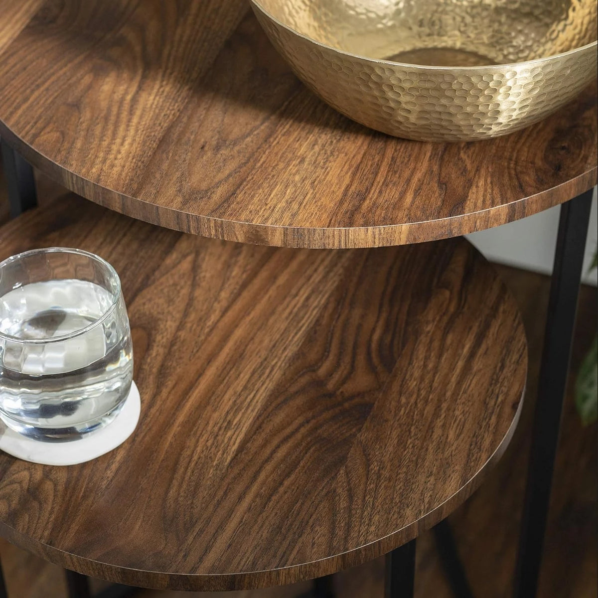 Dark Walnut Coffee Table Set of 3 Modern Round Metal Base Nesting Accent Tables Living Room Side Tables
