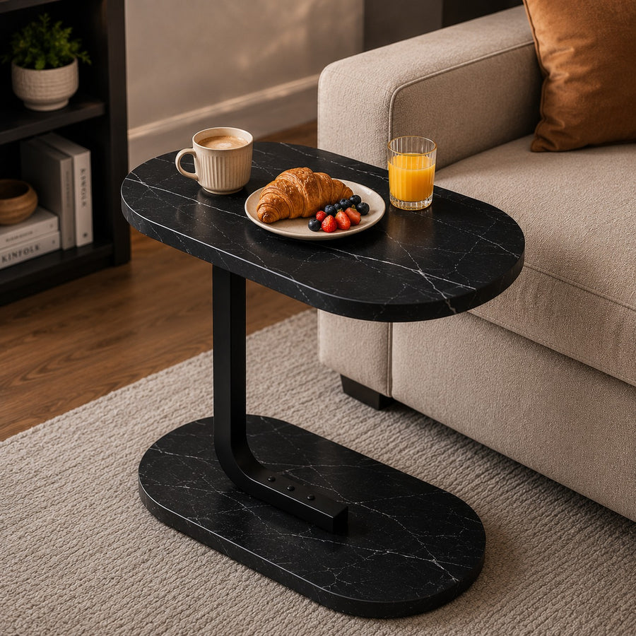 C Shaped Side Table Black Marble Sofa Bedside Table Modern Coffee Laptop Snack Table
