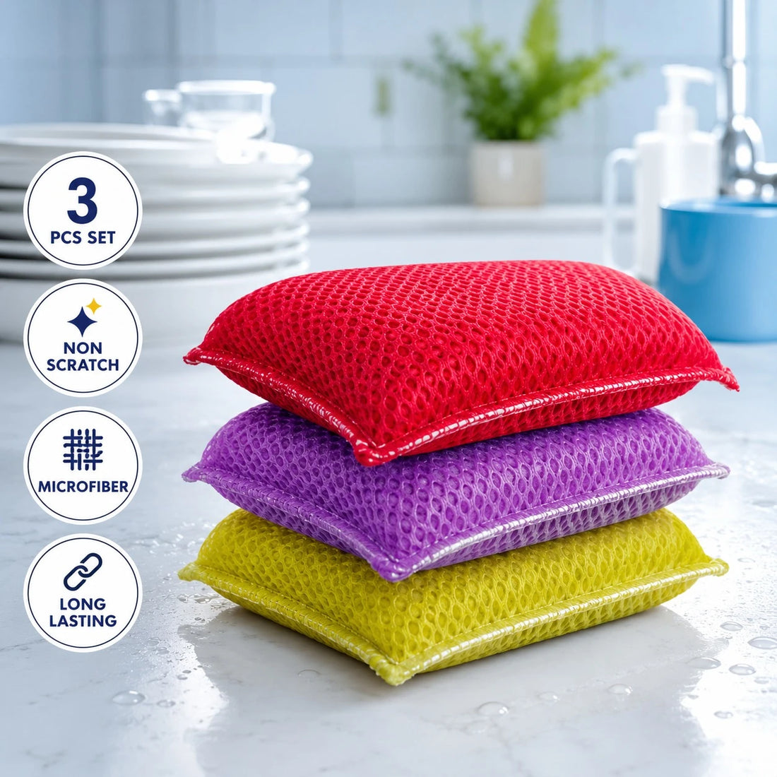 Britex Microfiber Scouring Pad Set Kitchen Cleaning Sponge Scrubber Pads Non Scratch Dishwashing Pads 3 Pieces Made In Europe