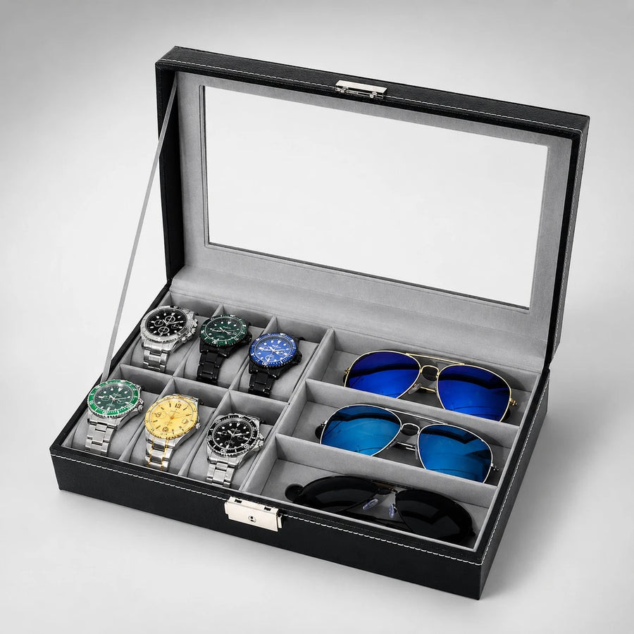 Watch Sunglasses Storage Travel Box PU Leather Glass Top Organizer Case 6 Watch Slots 3 Sunglasses Compartments