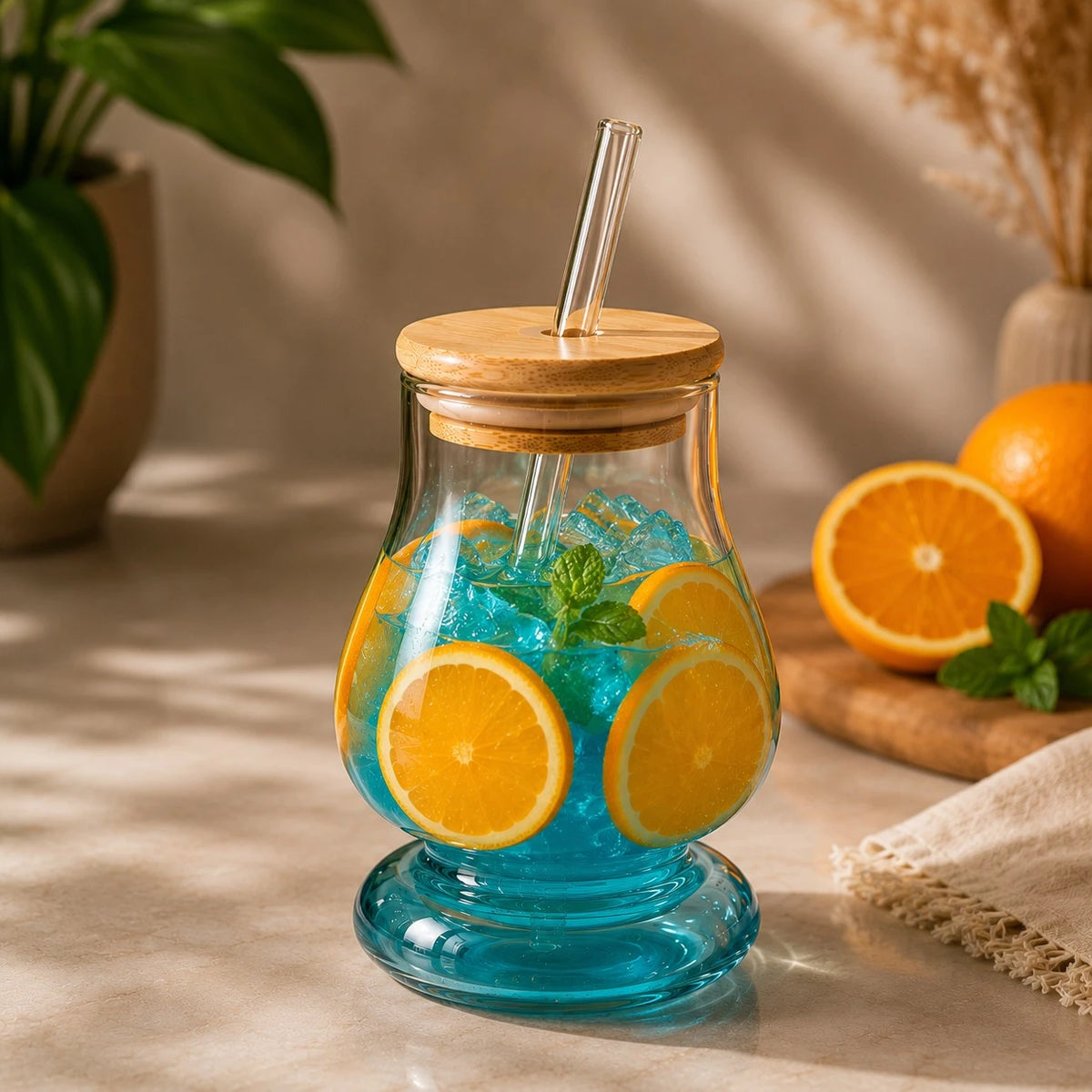 Golden Glass Juice Cup With Bamboo Lid Glass Straw Smoothie Lemonade Iced Coffee Drinking Glass 13.5 cm