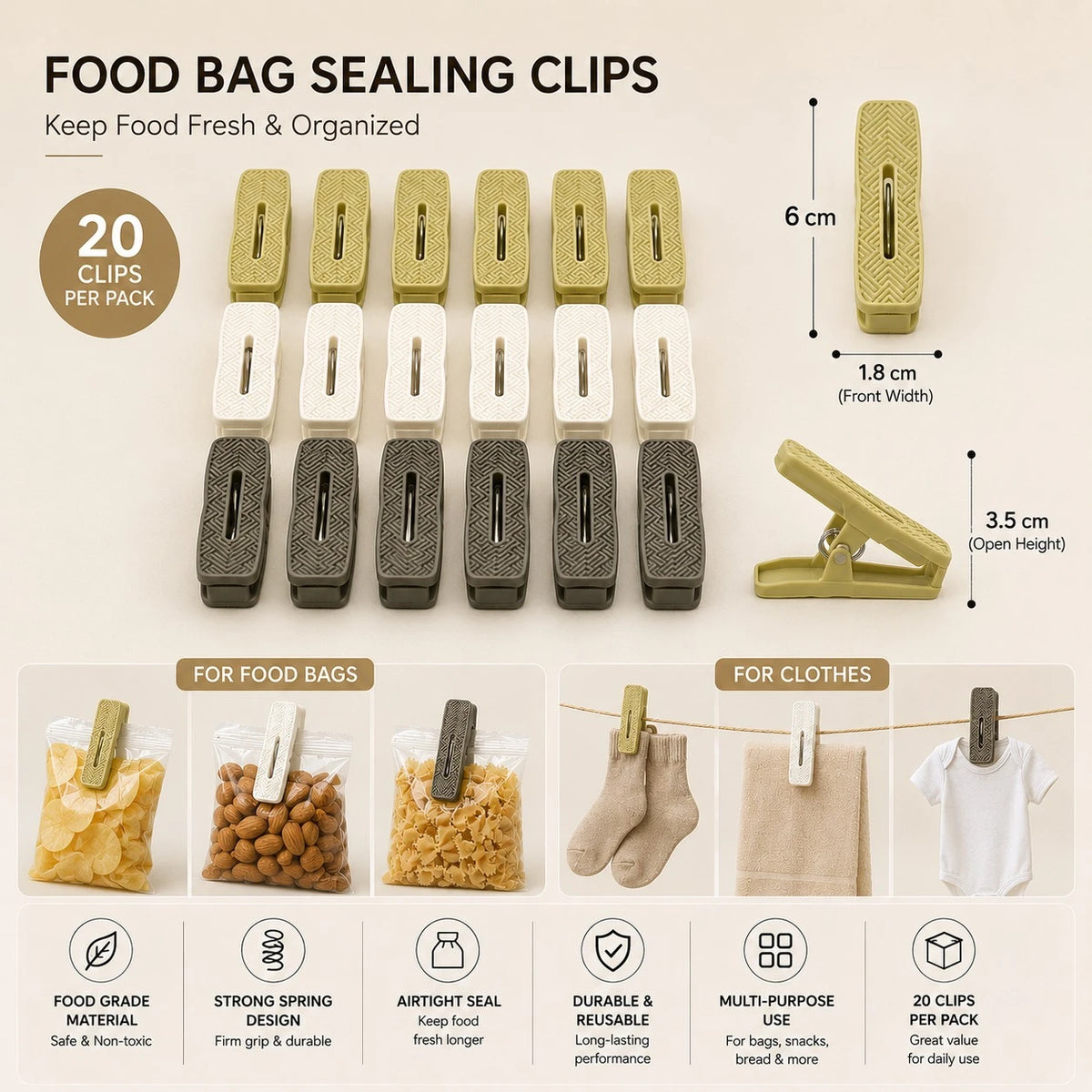 Food Bag Sealing Clips Clothes Pins Snack Bag Clips Coffee Bag Sealer Clips Kitchen Storage Laundry Drying Clips 20 Pieces