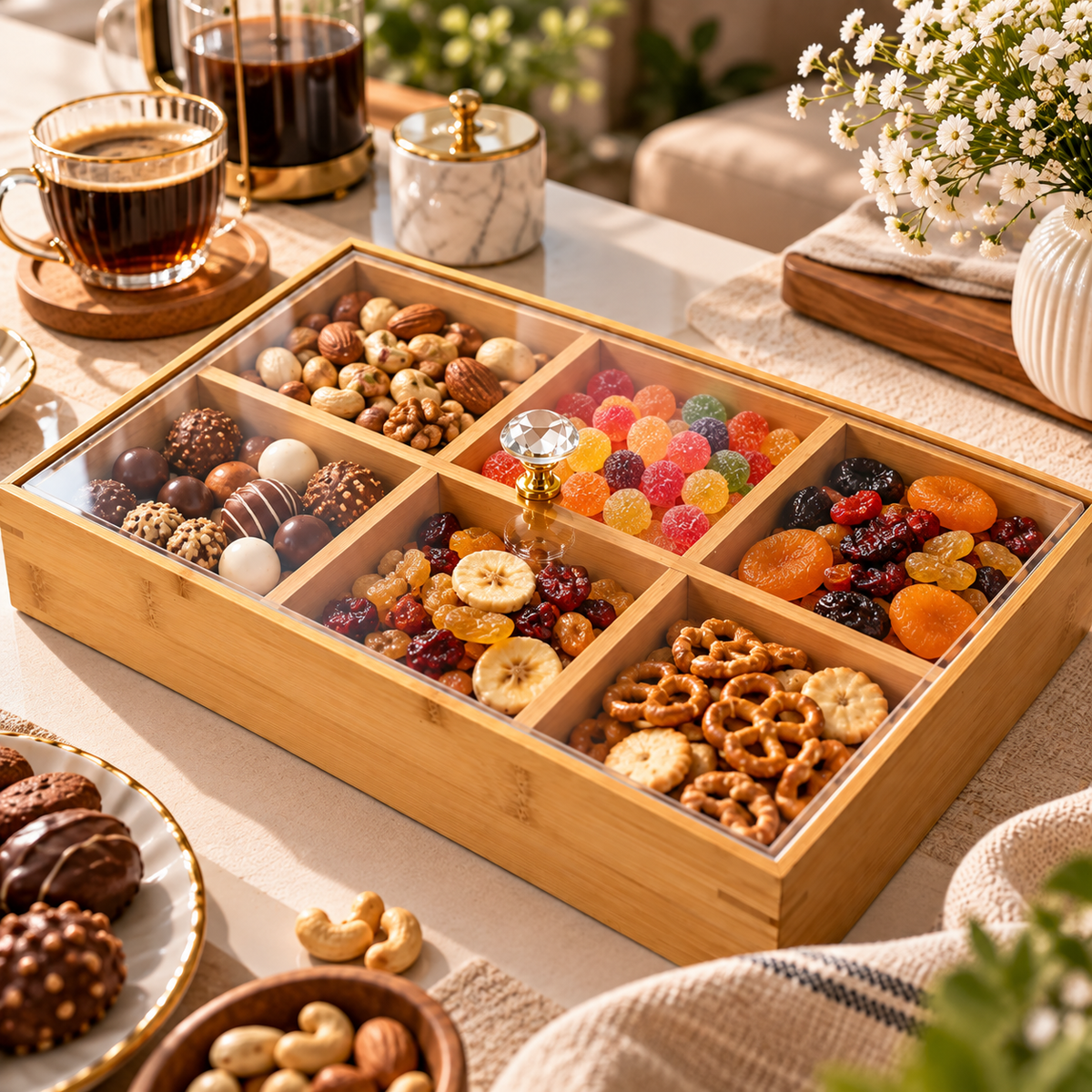 6 Compartment Bamboo Candy Box