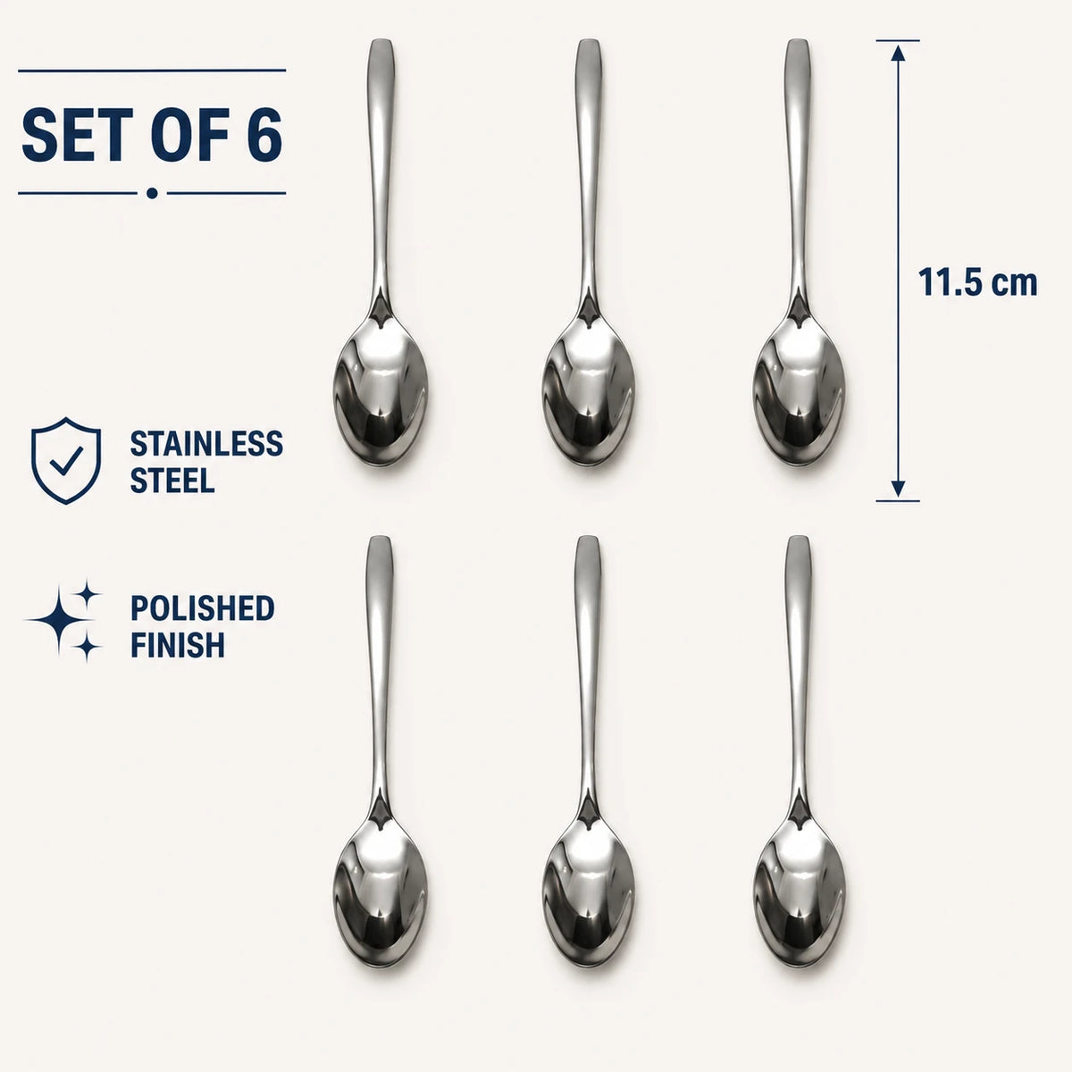 Stainless Steel Teaspoons Set of 6 – 11.5 cm Polished Small Spoons for Coffee, Tea & Desserts