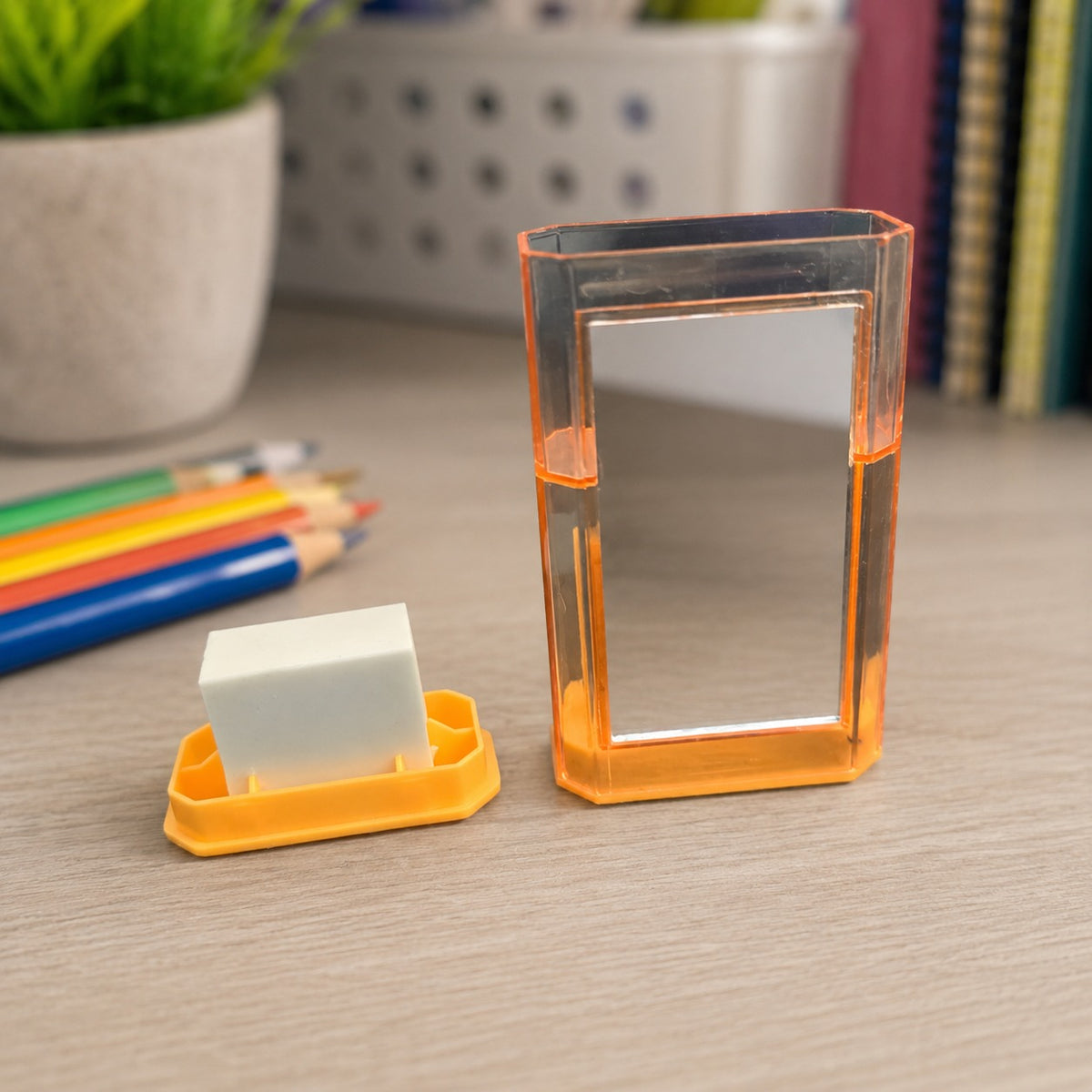 Double Hole School Pencil Sharpener with Shavings Container Eraser & Back Mirror