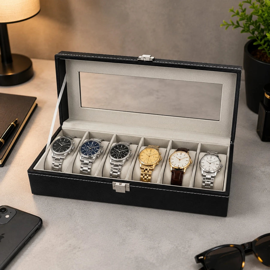 6 Slot Watch Storage Box Watch Organizer Display Case PU Leather Glass Top Luxury Watch Holder Collector Box