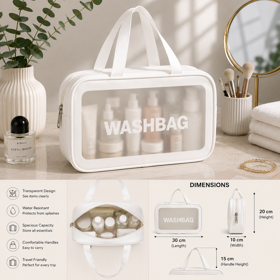 White Large Transparent Washbag Travel Toiletry Cosmetic Makeup Organizer with Handles