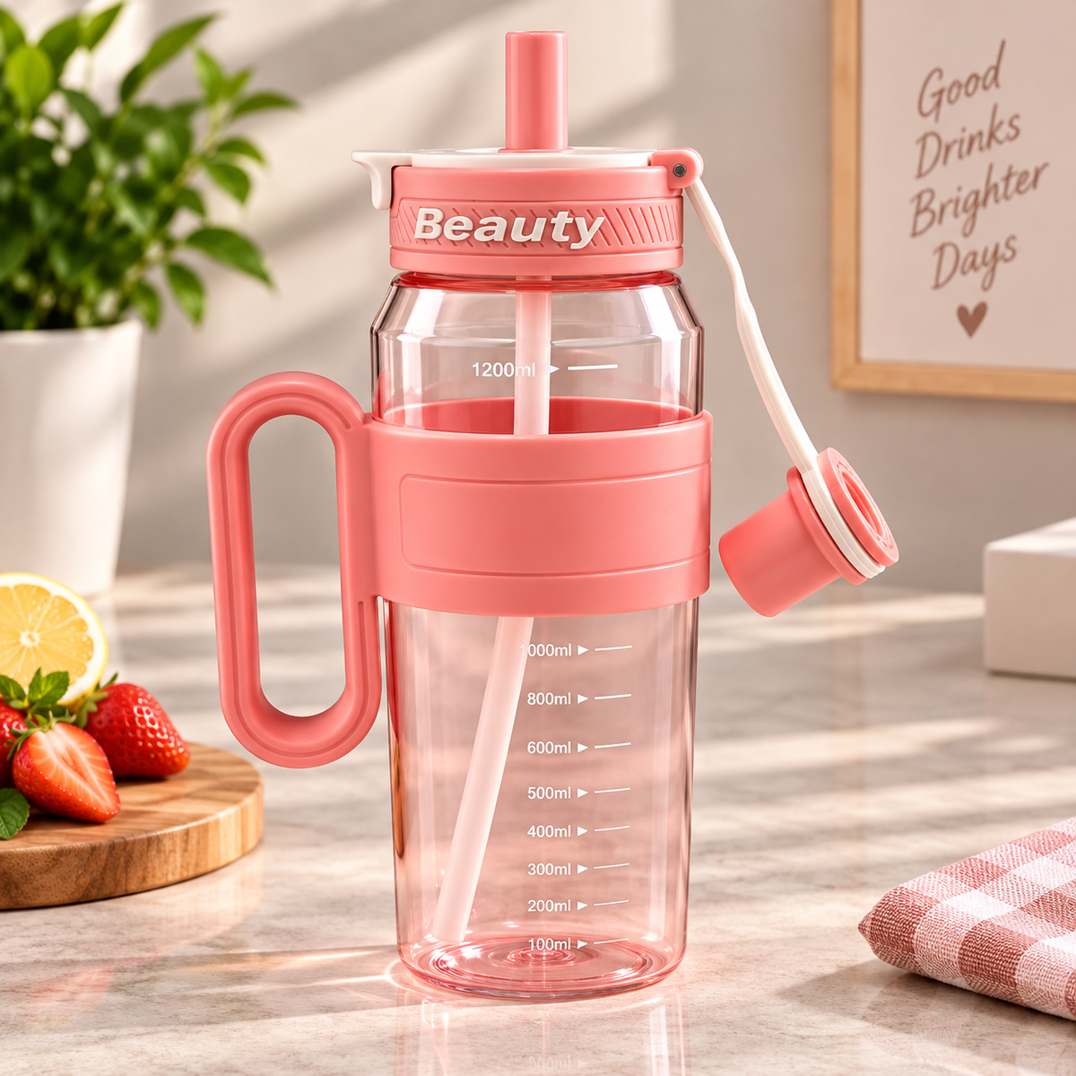 1200ml Water Bottle with Straw and Handle