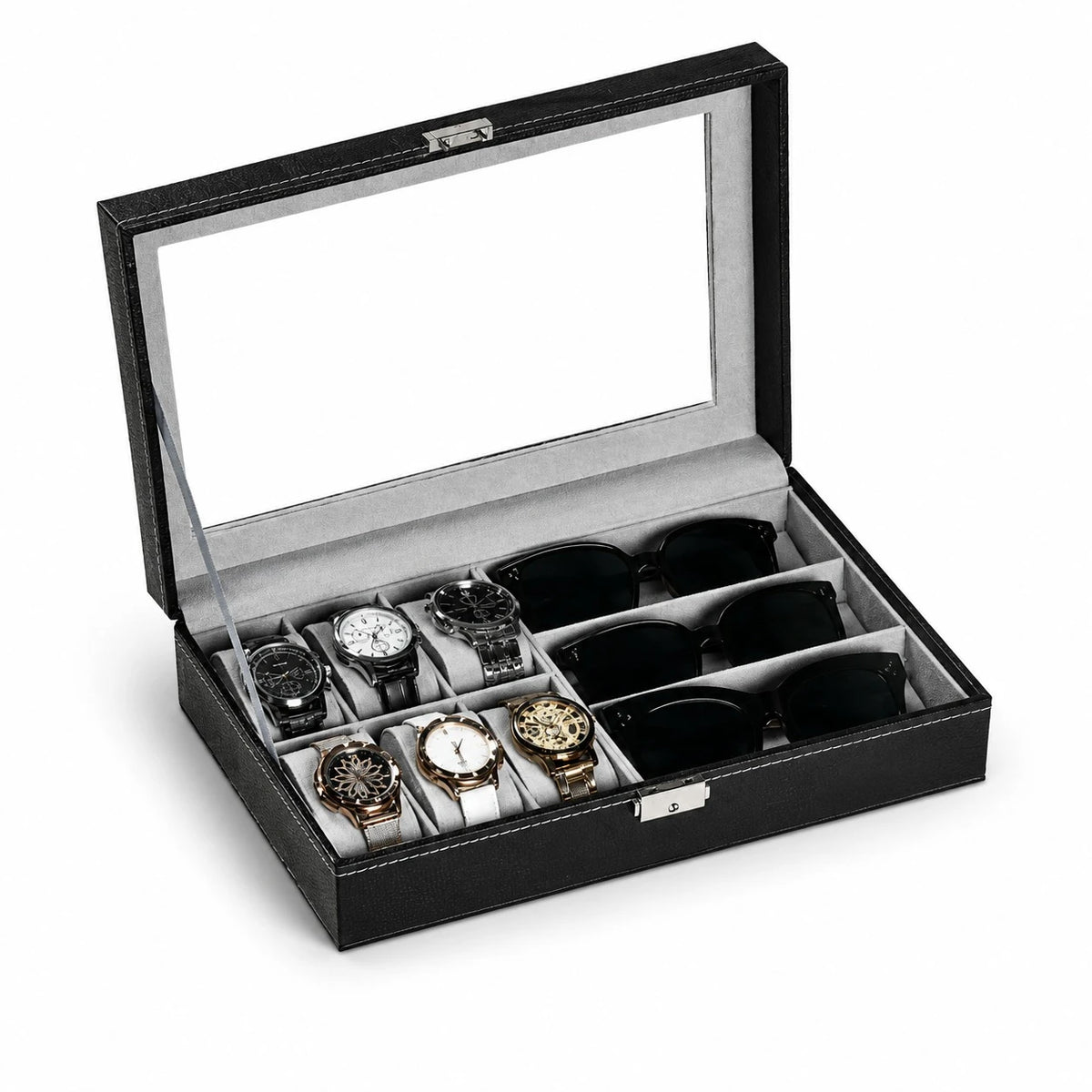Watch Sunglasses Storage Travel Box PU Leather Glass Top Organizer Case 6 Watch Slots 3 Sunglasses Compartments