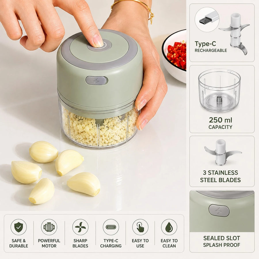 Mini Electric Food Chopper 250 ml 45 Watt 3 Blade Type C Rechargeable Garlic Chopper Vegetable Chopper
