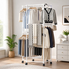 Double Layer Rolling Clothes Rack | Heavy Duty Garment Rack with Wheels Storage Organizer