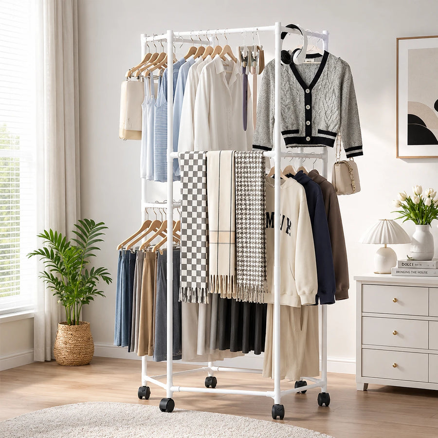 Double Layer Rolling Clothes Rack | Heavy Duty Garment Rack with Wheels Storage Organizer