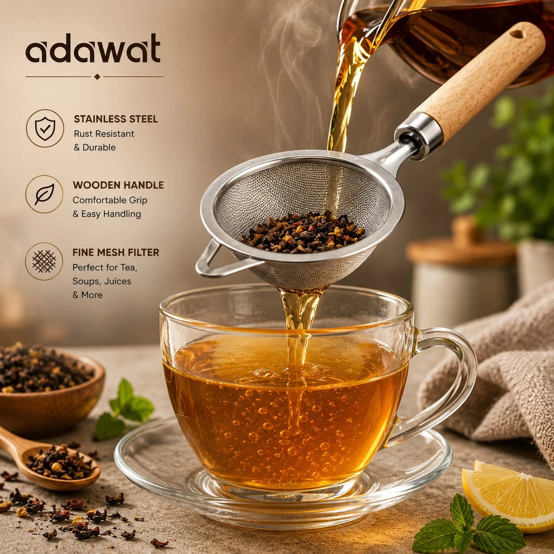 Adawat Stainless Steel Fine Mesh Tea Strainer Wooden Handle Kitchen Sieve Filter Strainer 6 cm 23 cm