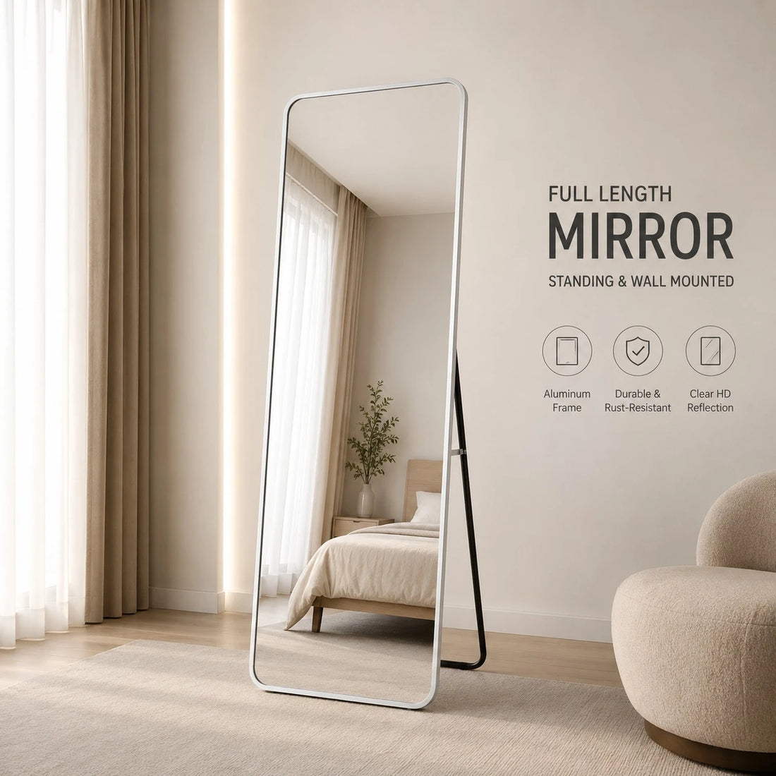 Full Length Floor Standing Mirror Wall Mounted Mirror Aluminum Frame Bedroom Dressing Mirror Home Décor Mirror