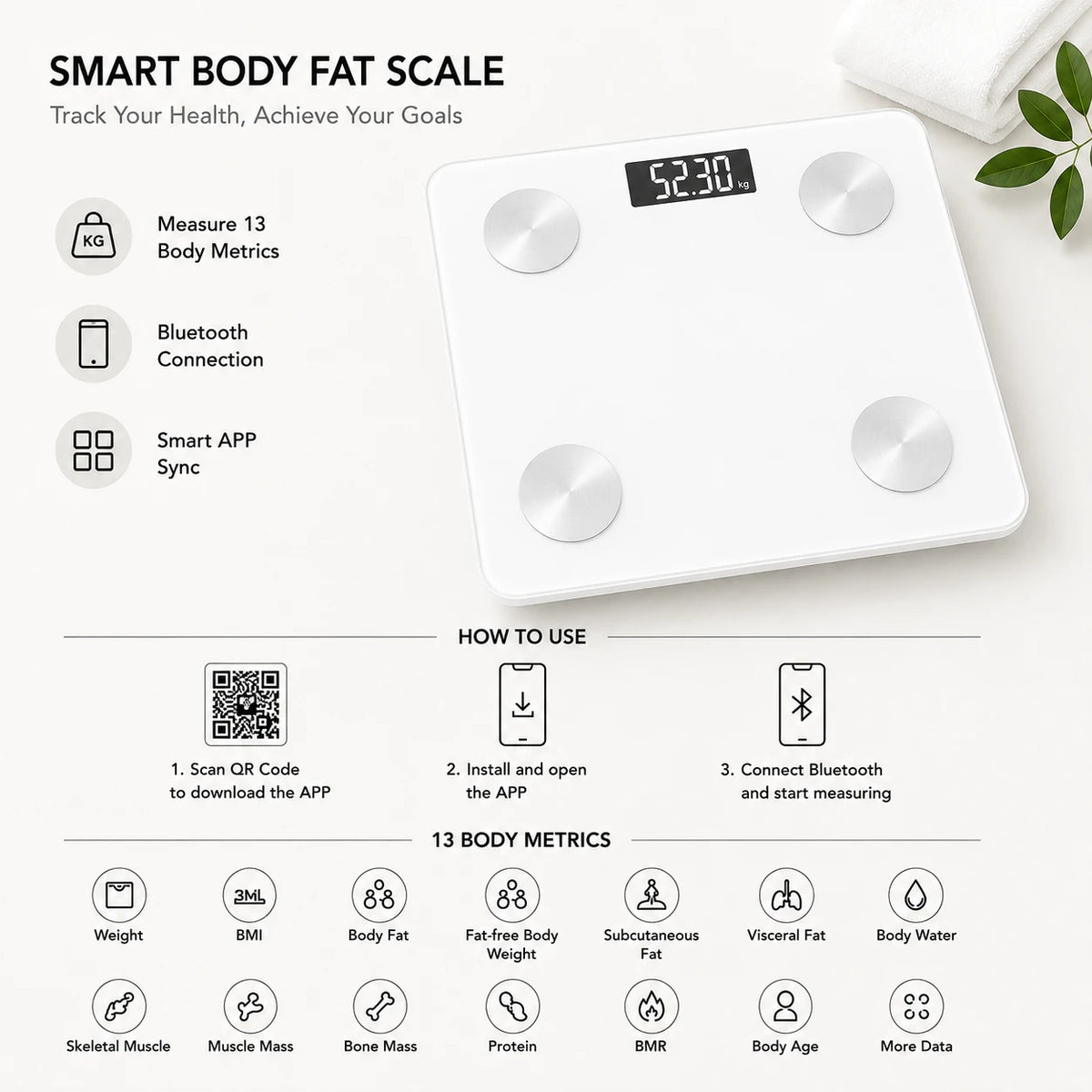 Digital Body Fat Smart Scale Bluetooth Health Scale BMI Weight Analyzer App Connected Bathroom Scale