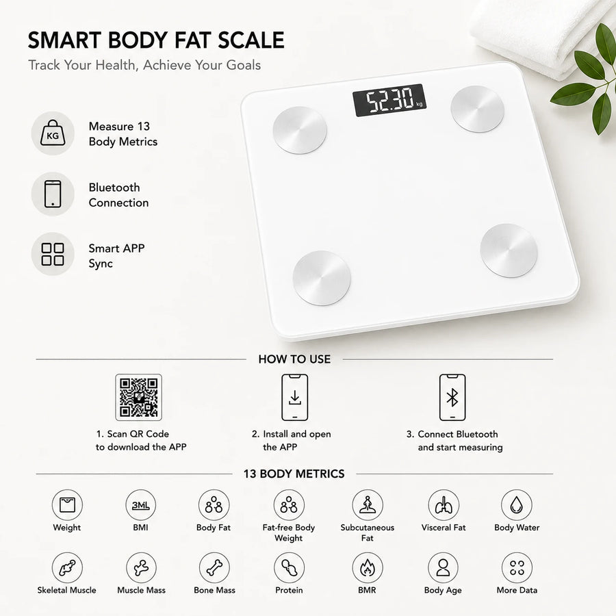 Digital Body Fat Smart Scale Bluetooth Health Scale BMI Weight Analyzer App Connected Bathroom Scale