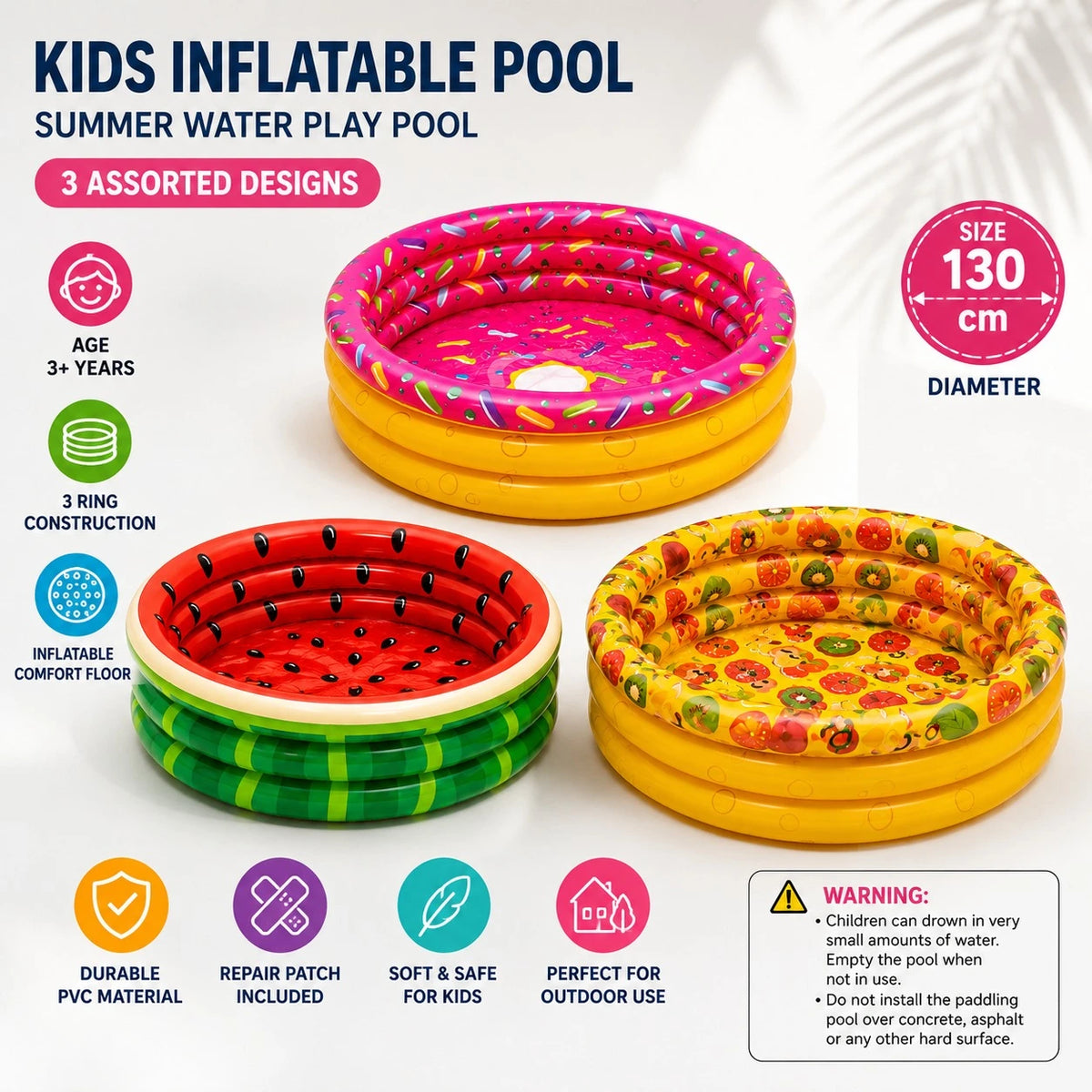 Kids Inflatable Pool Assorted Fruit Watermelon Donut Print Garden Swimming Pool Summer Water Play Pool - Image 1