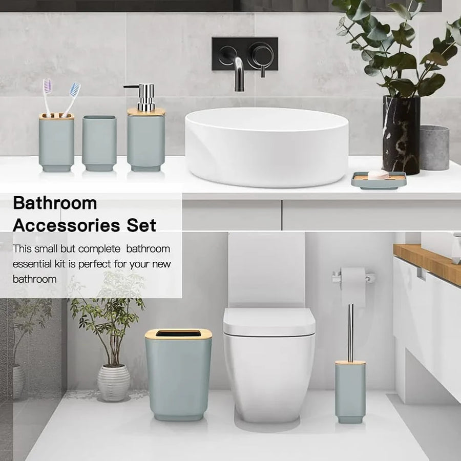 Modern Bamboo Bathroom Set, 6 Pieces Bathroom Accessories Organizer With Soap Dispenser, Toothbrush Holder, Trash Bin and Toilet Brush