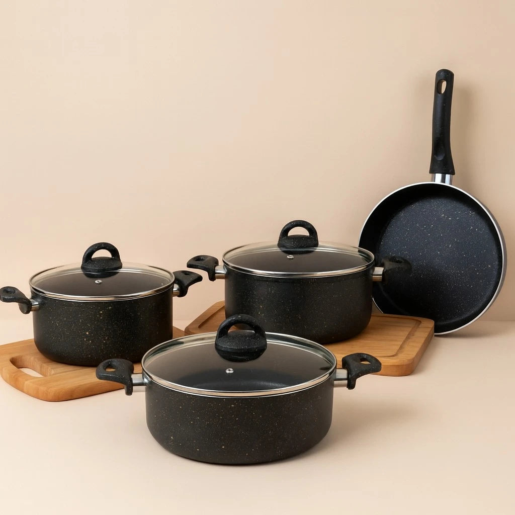 7 Pieces Non Stick Granite Effect Cookware Set Cooking Pots Frying Pan Glass Lids Kitchen Cookware