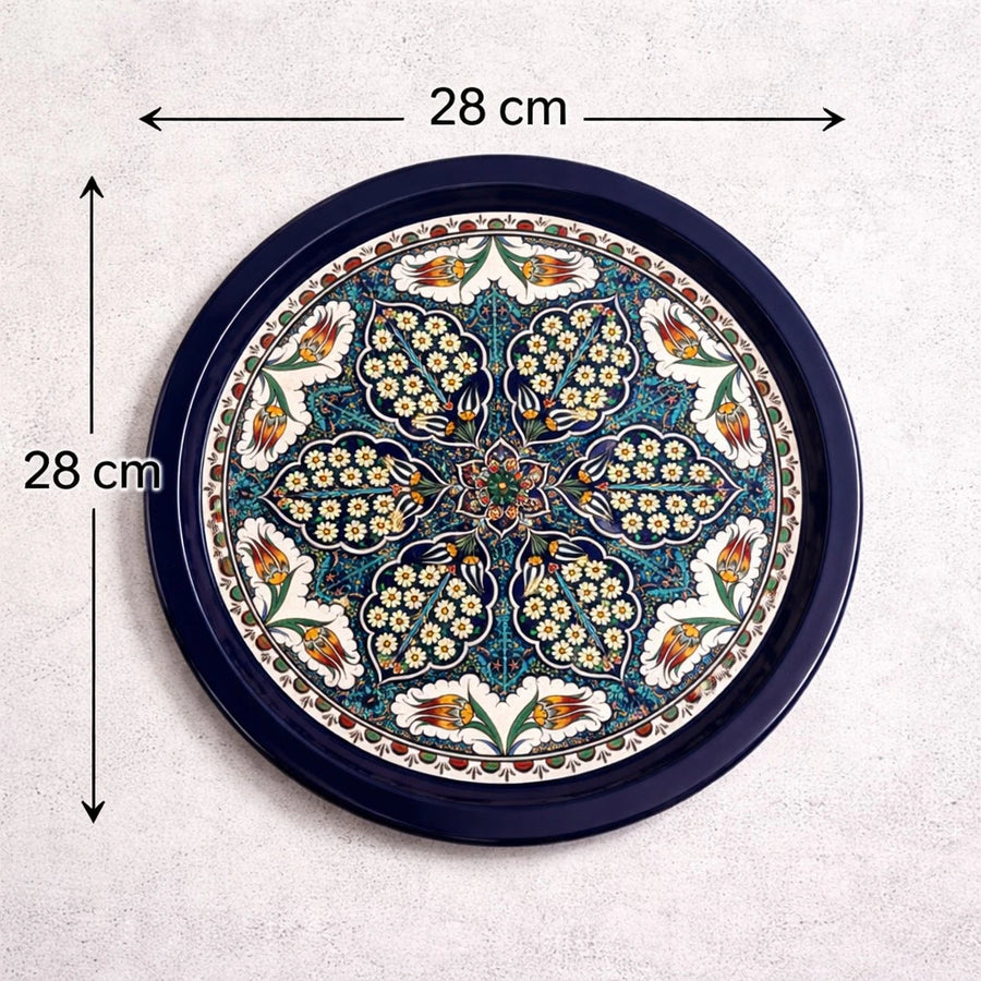 Turkish Metal Tray Small Round Serving Tray Mandala Coffee Tea Ottoman Floral Decorative Tray 28 cm