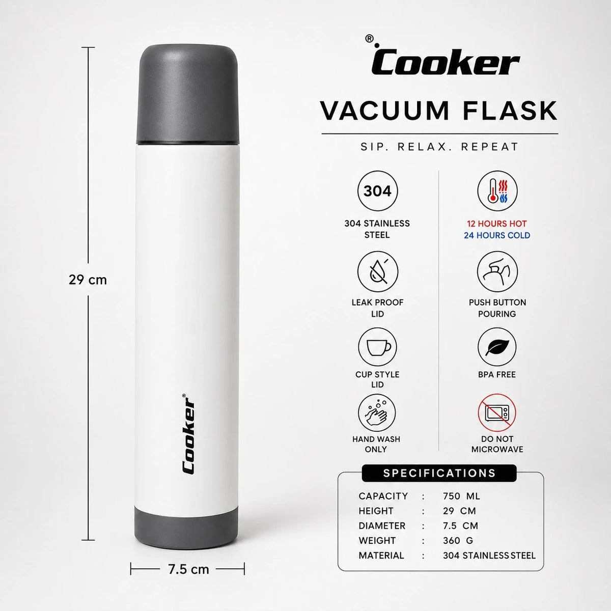 Cooker Thermos Vacuum Insulated Thermos Bottle 750ML 304 Stainless Steel Travel Coffee Tea Water Flask Leak Proof Hot Cold Bottle
