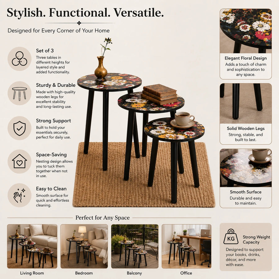 Floral Nesting Side Tables Set of 3 | Round Coffee Tables for Living Room Bedroom & Office
