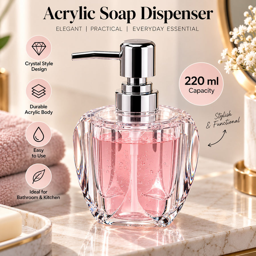 Clear Acrylic Liquid Soap Dispenser with Chrome Pump 220 ml