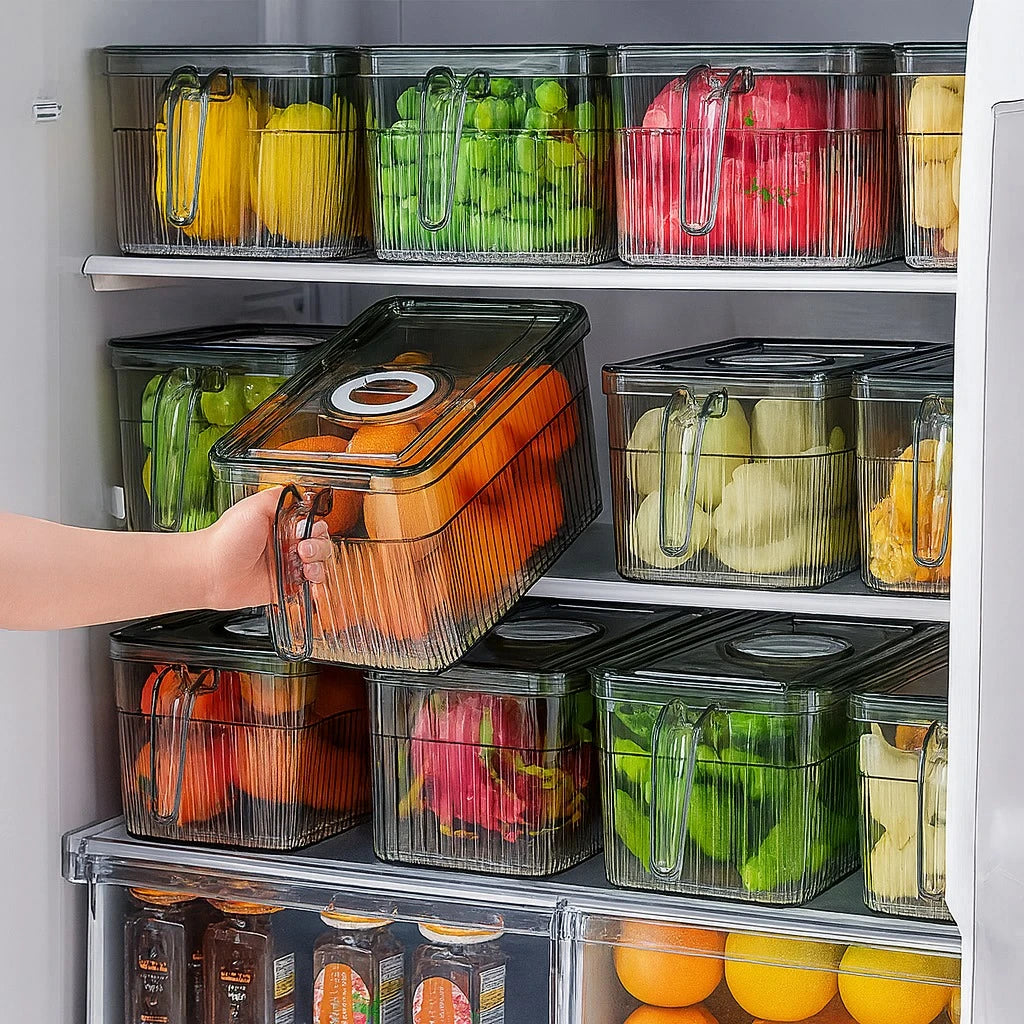 Fresh Keep Storage Drain Container Food Storage Box with Built In Drainer for Fruits Vegetables Fridge and Pantry Use - Image 1