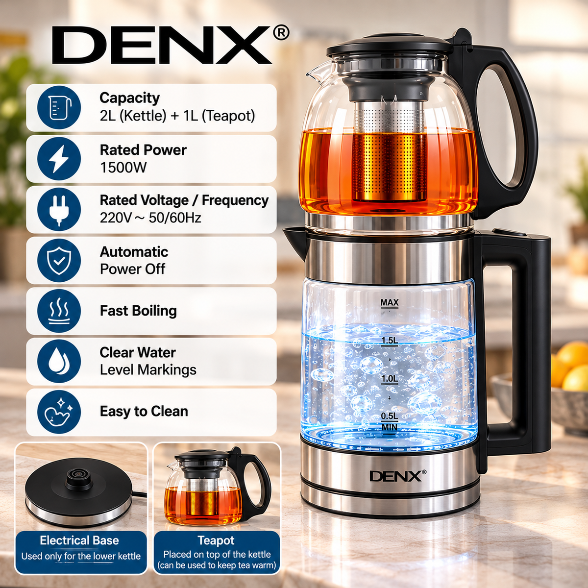 DENX 2 in 1 Electric Kettle and Teapot Set