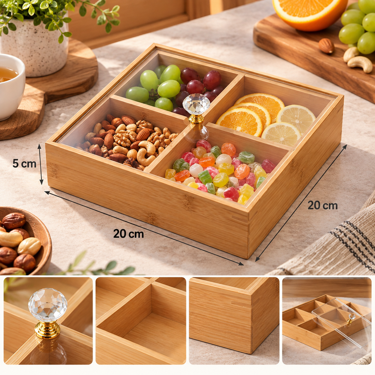 Bamboo 4 Compartment Candy Storage Box
