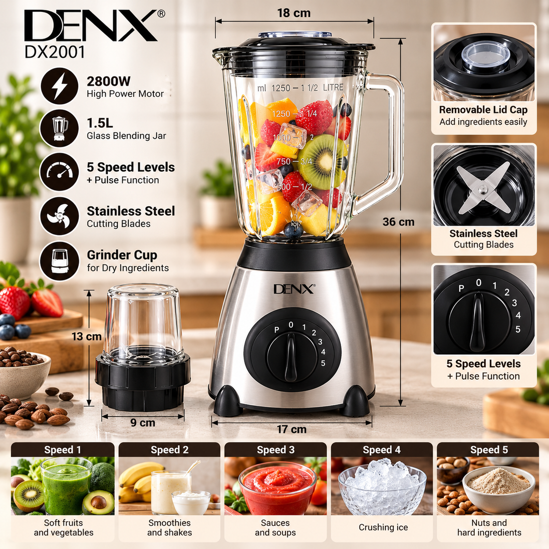 DENX 2800W 1.5L Glass Blender with Grinder Cup