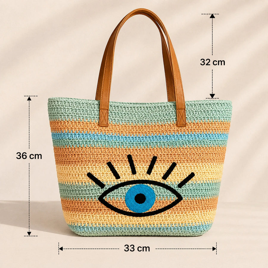 Summer Beach Bag Woven Tote Bag Evil Eye Straw Handbag Vacation Shoulder Bag