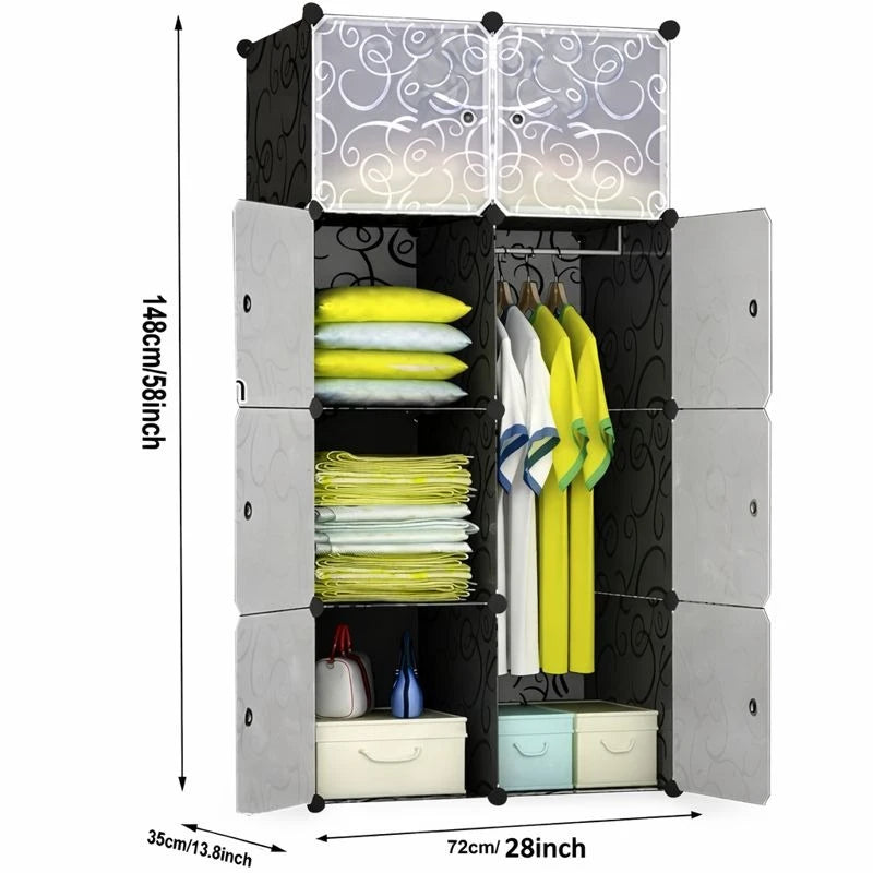 Modular 8 Cube Closet Wardrobe Storage Organizer Adjustable Plastic Clothes Cabinet Shoe Storage Unit with Hanging Rail