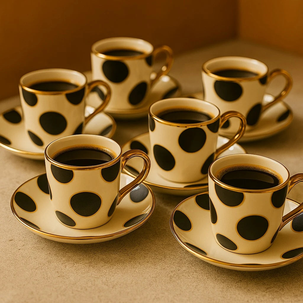6 Piece Polka-Dot Porcelain Coffee Cup Set with Saucers