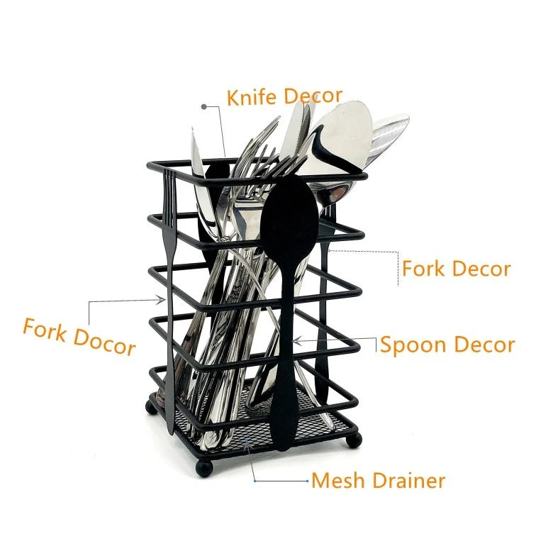 Black Metal Cutlery Holder, 16 × 10 cm