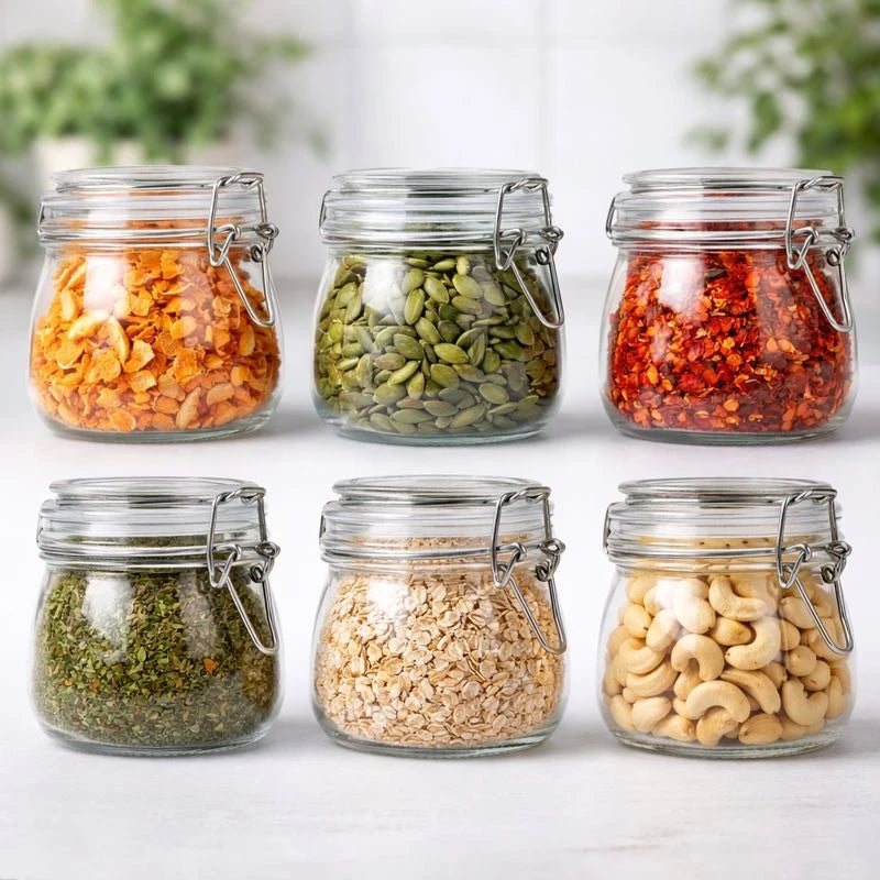 Airtight Glass Storage Jar with Clamp Lid – Spices, Sauce, Purée, Seeds, Nuts Jam & Pickle Container 500g
