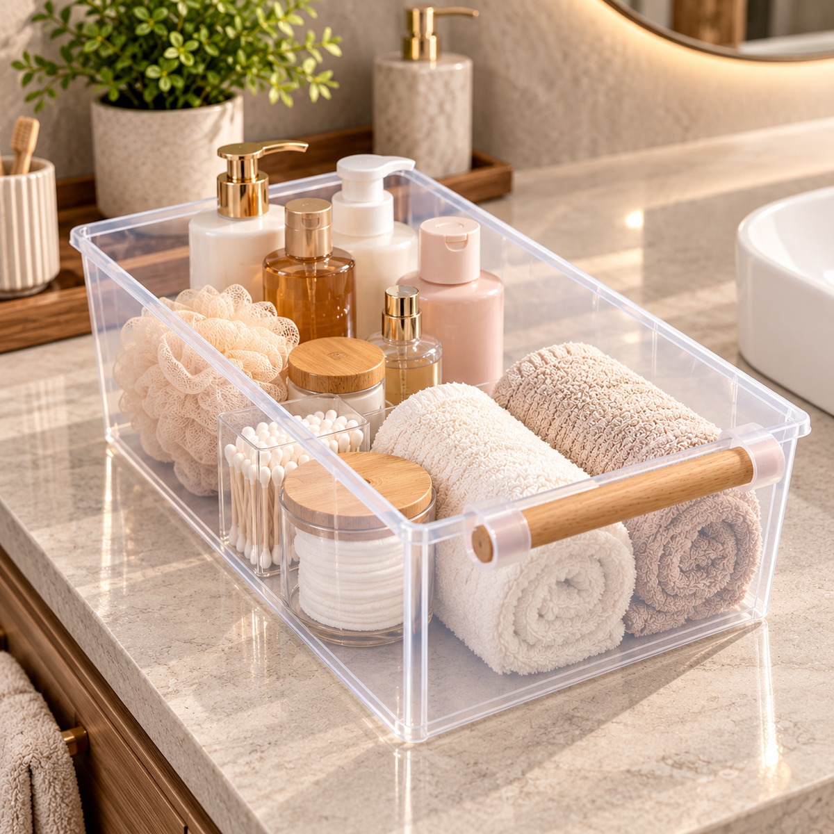 Clear Multipurpose Storage Organizer with Wooden Handle