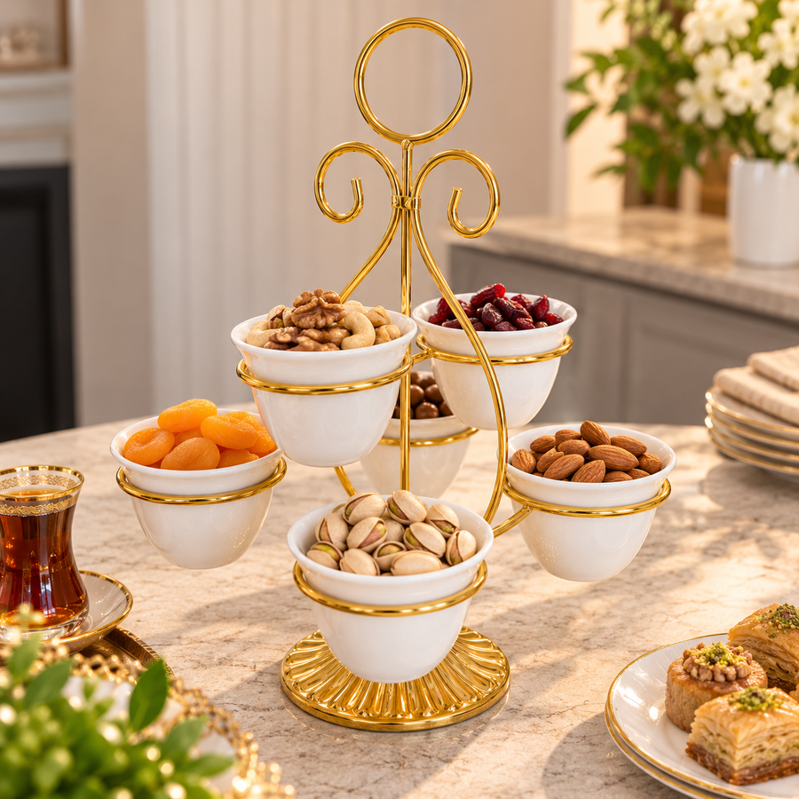 Elegant Gold Coffee Cup Serving Stand with 6 Removable Cups