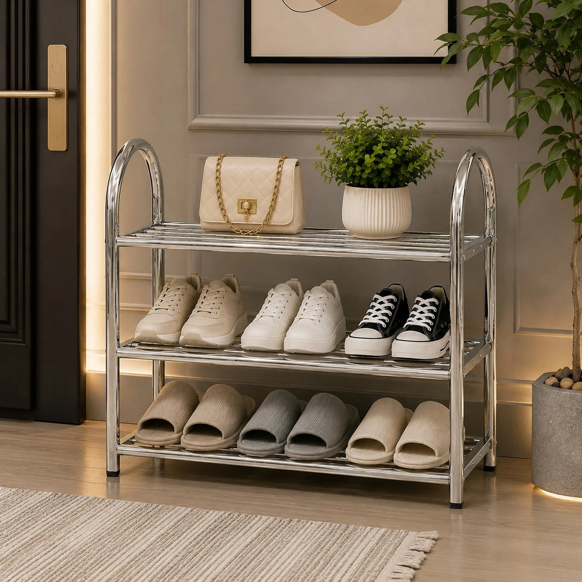 Stainless Steel 3 Tier Shoe Rack Chrome Entryway Organizer Easy Assembly Storage Shelf Stand