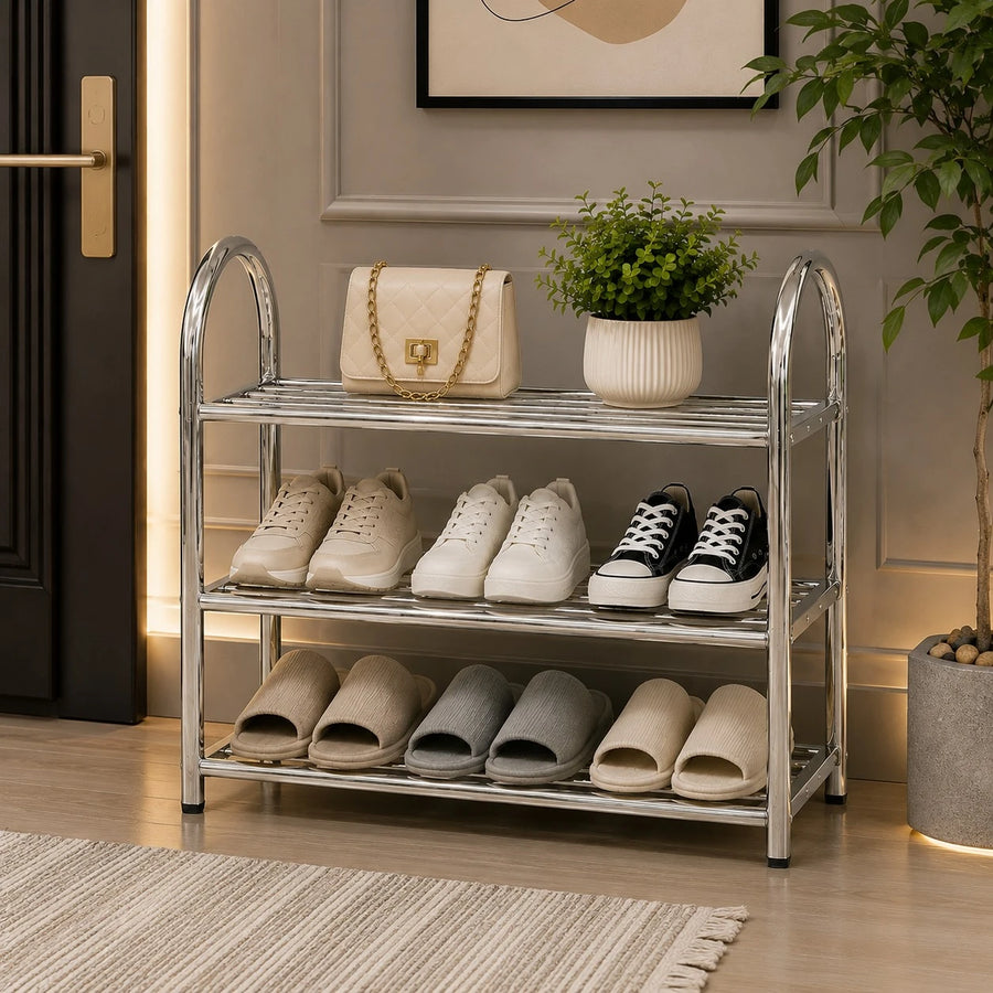 Stainless Steel 3 Tier Shoe Rack Chrome Entryway Organizer Easy Assembly Storage Shelf Stand
