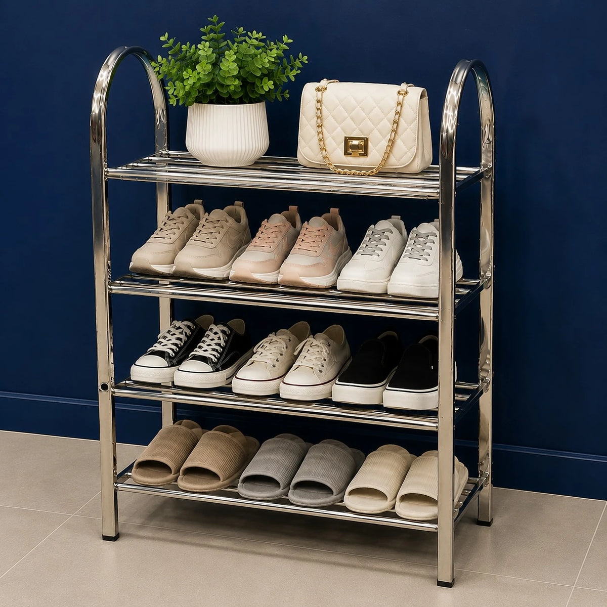 Stainless Steel 4 Tier Shoe Rack Entryway Organizer Easy Assembly Storage Shelf Stand